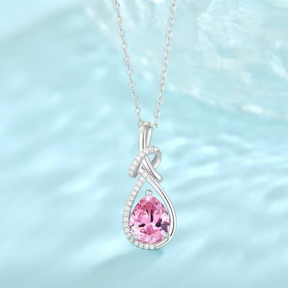 Infinity Teardrop Necklace Silver Tone Pendant Birthstone Jewelry for Women - color: Pink