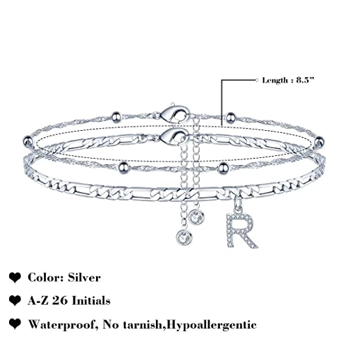 Ankle Bracelets for Women, 14K Gold Plated Dainty Layered Chain CZ Initial Anklets Summer Jewelry Gifts for Women - style: R-Silver