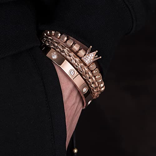 3pcs/set Classical Handmade Braiding Bracelet Hip Hop Men Pave CZ Leopard Head Roman Numeral Bracelet Stainless Steel Jewelry - color: 3pcs K Rose gold
