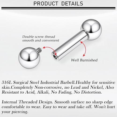 16G-00G Tongue Rings Nipple Piercings Internally Threaded Straight Barbell 316L Surgical Steel Body Piercing Jewelry for Women Men Black silver 12mm 14mm 16mm 19mm Bars Length - color: Silver, size: 6G(4mm)-16mm barbells-8mm Balls