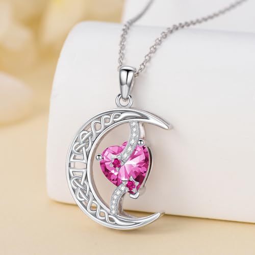TOUPOP Moon and Star Birthstone Necklace for Women 925 Sterling Silver Celtic Moon Jewelry Birthday Mothers Day Gifts for Mom Wife Her - color: 10-October-Pink Tourmaline