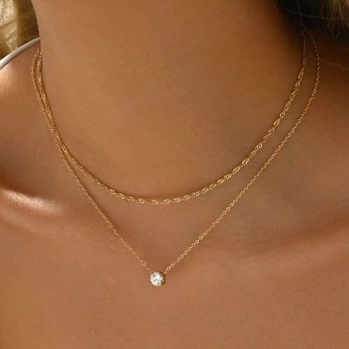 Cubic Zirconia Necklaces for Women 18K Gold Plated Tear drop Necklace Dainty Layered CZ Lariat Diamond Necklace - color: Layered CZ-Gold
