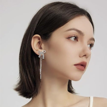 Luxval Rhinestone Earrings Dangling for Women Sparkly Silver Dangle Earrings Girls Long Chandelier Earrings Tassel Lightweight Ear Studs Cubic Zirconia Crystal Statement - color: Silver-Dangle Bow