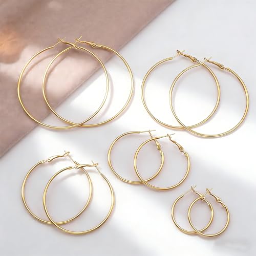 6 Pairs Gold Silver Hoop Earrings for Women 14K Gold Plated 316 Hypoallergenic Stainless Steel Lightweight Large Small Hoops Women Earrings 30/40/50mm Set - color: 5 Pairs Gold-30/40/50/60/70mm