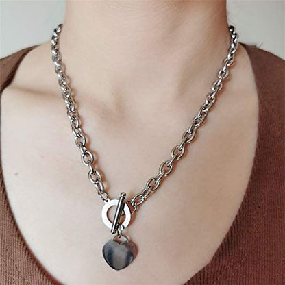 WangGao Elegent Love Stainless Steel Link Chain Blank Heart Charms Necklace for Women Toggle Clasp Closure - color: Silver, size: 19.6inches