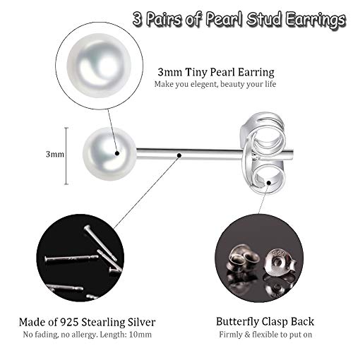 EPIRORA Sterling Silver Stud Earrings for Women Men- 3 Pairs 3mm Tiny Ball Stud Earrings Round CZ Earrings Pearl Earrings Set Cartilage Small Tragus Earrings - style: 3 Pairs-Pearl Earrings