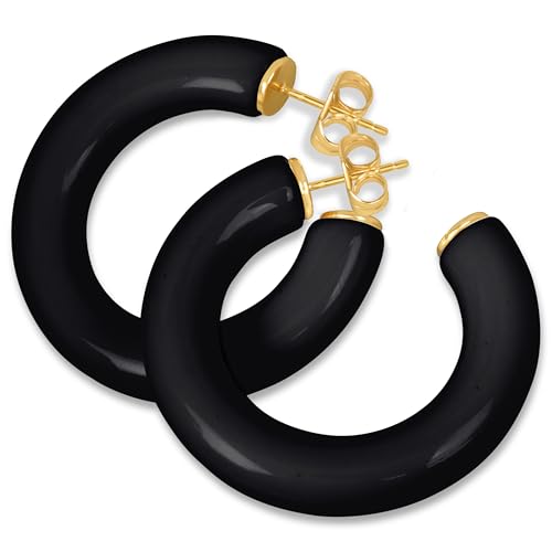 Gold Plated Multicolor Resin Chunky Thick Open Hoop Earrings in 57MM and 37.5MM Diameters - color: Black - Glossy Finish, size: 37.5MM (1.48") Diameter