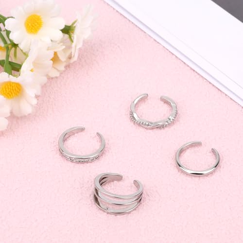Mikovivi 4pcs Adjustable Toe Rings for Women, Open Toe Rings Set Simple CZ Triple Twist Crystal Band Elegant Summer Beach Foot Jewelry - color: Silver