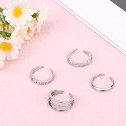 Mikovivi 4pcs Adjustable Toe Rings for Women, Open Toe Rings Set Simple CZ Triple Twist Crystal Band Elegant Summer Beach Foot Jewelry - color: Silver