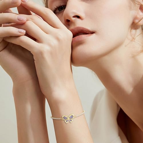 FANZE Gold Plated Cubic Zirconia Tennis Bracelets for Women Dainty Trendy Adjustable Bracelet Jewelry Gift for Ladies Wedding Mother Birthday Anniversary - style: purple Butterfly bracelet