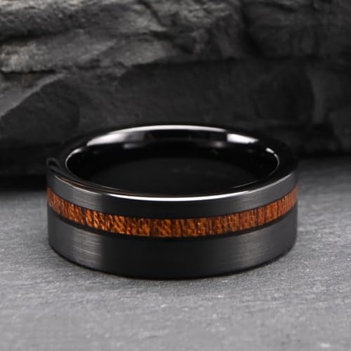 Tungsten Carbide Rings for Men 8mm Black Hammered Whiskey Barrel Wood & Elk Antler Inlay Men's Engagement Wedding Bands Matte Brushed - color: 8mm black Brushed