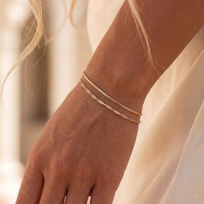 Moodear Gold Bracelets for Women, 2PCS Dainty 14K Gold Plated Link Chain | Waterproof Non Tarnish Jewelry, Adjustable Gold Plated Link & Bead Chain, Perfect for Daily Wear, Vacation Outfits & Gifts - color: gold-3
