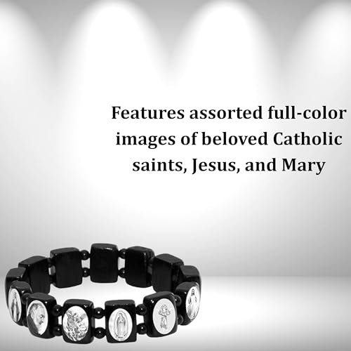 Catholica Shop Devotional Catholic Religious Wood Stretch Bracelets. Small and Large Panels with Assorted Images of Saints, Jesus and Mary. Unisex. Handcrafted in Brazil - style: B&W Sm Panel