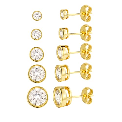 Kainier 5 Pairs CZ Stud Earrings Set Cubic Zirconia Ear Stud for Women Simulated Round Diamond Hypoallergenic Earring 3-7mm