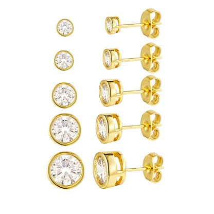 Kainier 5 Pairs CZ Stud Earrings Set Cubic Zirconia Ear Stud for Women Simulated Round Diamond Hypoallergenic Earring 3-7mm