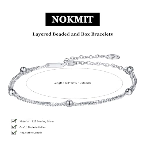 Solid 925 Sterling Silver Bracelets for Women, Dainty Interlocking Circles Cubic Zirconia Adjustable Chain Bracelet, Trendy Stackable Link Bracelets, Simple Cute Jewelry Gifts - color: Silver Beaded Box Chain