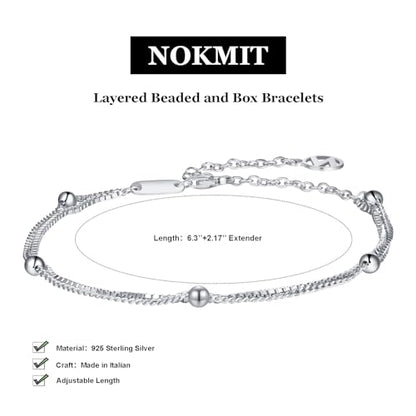 Solid 925 Sterling Silver Bracelets for Women, Dainty Interlocking Circles Cubic Zirconia Adjustable Chain Bracelet, Trendy Stackable Link Bracelets, Simple Cute Jewelry Gifts - color: Silver Beaded Box Chain