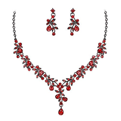 BriLove Wedding Jewelry Set for Women Bride, Y-Necklace Dangle Earrings Crystal Teardrop Leaf Flower Cluster Bridal Bridesmaid - color: 11-Ruby Color