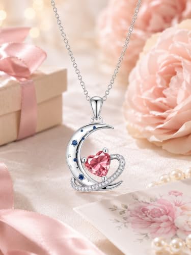 Birthstone Necklace for Women White Gold Moon and Star Pendant Moon Jewelry Anniversary Birthday Gifts for Mom Wife Her - color: 10. October - Pink Tourmaline