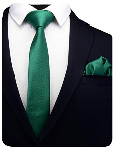 GUSLESON 2.4" Slim Necktie and Handkerchief Set For Men Solid Skinny Tie Set - color: Emerald Green