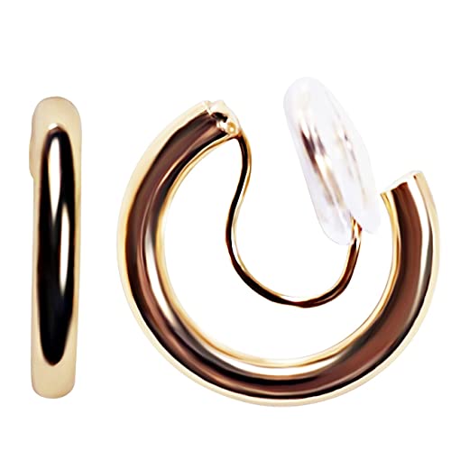 Clip On Hoop Earrings for Women Not Pierced Gold Silver Large Chnky Square Twisted Comfortable Coil Hoop Clip On Earrings - color: 20mm Hoop Gold