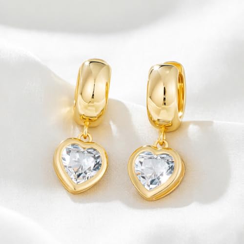 Gold Huggie Earrings for Women Chunky Hoop with Heart Crystal Dangle 14K Gold Plated Statement Drop Earrings Trendy Jewelry for Her