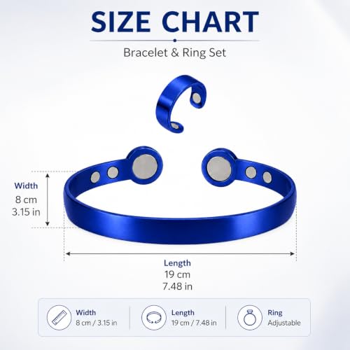 Calming Bracelet Ring Set for Women, Menopause Bracelets Adjustable Bangle Stainless Steel Cuff Climacterium Anxiety Stress Relief Energy Open Jewelry Gift - color: Blue PRO + Blue
