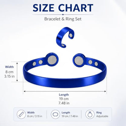 Calming Bracelet Ring Set for Women, Menopause Bracelets Adjustable Bangle Stainless Steel Cuff Climacterium Anxiety Stress Relief Energy Open Jewelry Gift - color: Blue PRO + Blue