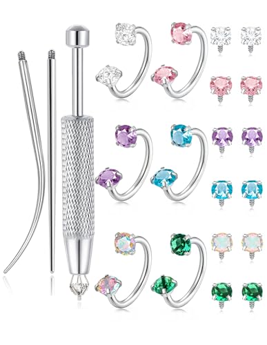 Akeoqi Horseshoe Nose Rings 316L Surgical Steel Half Hoop Earrings for Women Internally Threaded Cartilage Helix Tragus Earrings Double CZ Eyebrow Lip Piercing 18G 20G 8MM Silver Gold Plated - color: Silver,Colorful CZ