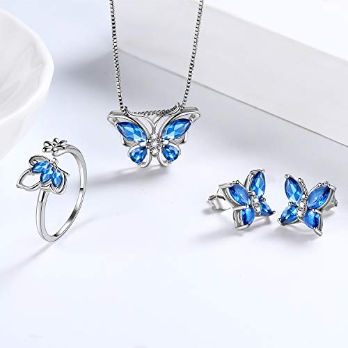 Aurora Tears Butterfly Jewelry,Women 925 Sterling Silver Butterflies Birthstone Pendant Necklace/Earrings/Rings Wedding Gift - color: I.September-set 2
