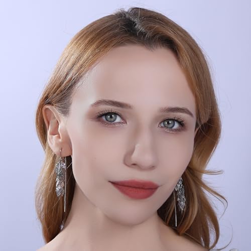 14K Gold Plated Leaf Threader Crystal Earrings for Women, Long Tassel Elegant Dangle Drop Earrings for Weddings, Galas, and Formal Events, Hypoallergenic Lightweight Jewelry Idea Gift - color: Silver