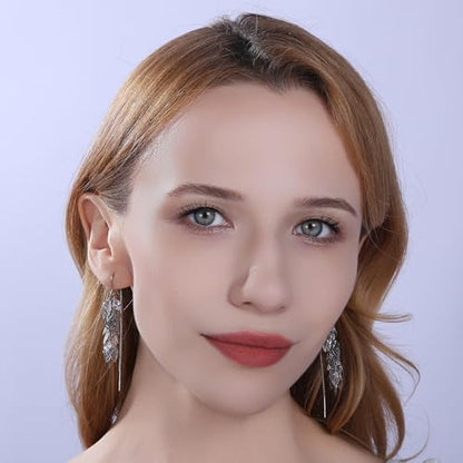 14K Gold Plated Leaf Threader Crystal Earrings for Women, Long Tassel Elegant Dangle Drop Earrings for Weddings, Galas, and Formal Events, Hypoallergenic Lightweight Jewelry Idea Gift - color: Silver