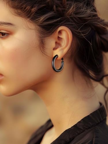 FindChic Hoop Earrings for Women, Silver/Black/14K Gold Plated Hypoallergenic Hollow Round Tube Loop Earrings, 20mm/30mm/40mm/60mm/80mm Chunky Hoops with Custom Name Options & Gift Box - color: a.Black, size: 30MM