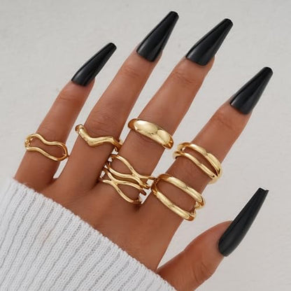 FAXHION 12PCS Gold Stackable Rings Set for Women, 18K Gold Plated Open Stacking Knuckle Ring, Adjustable Chunky Signet Band Statement Ring for Gift - color: 3-Gold Irregular
