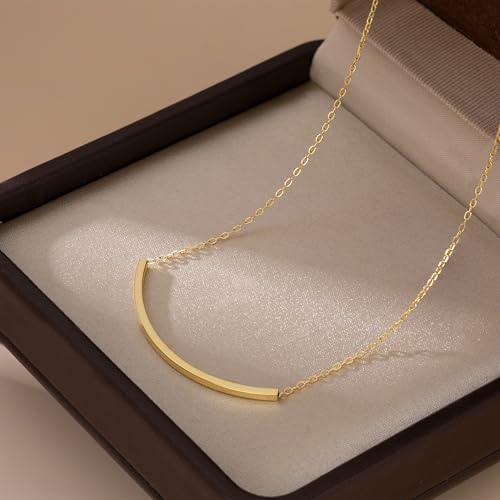 SLUYNZ Solid 925 Sterling Silver Minimalist Bar Choker Necklace for Women Teens Curved Tube Bar Pendant Necklace - color: B-18K Gold Plated