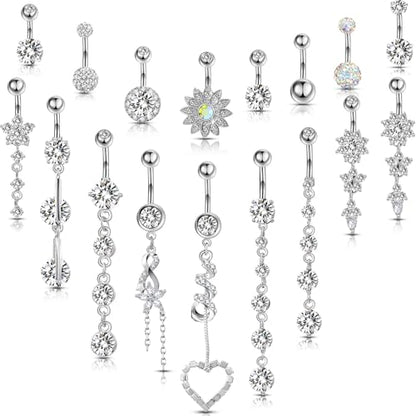 Yaomiao 18 Pcs 14G Stainless Steel Belly Button Ring Rhinestone Heart Dangle Belly Button Rings for Women - color: Silver, Elegant Style