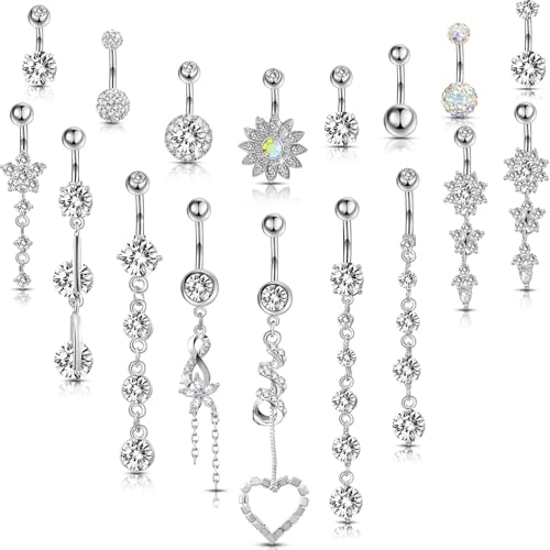 Yaomiao 18 Pcs 14G Stainless Steel Belly Button Ring Rhinestone Heart Dangle Belly Button Rings for Women - color: Silver, Elegant Style