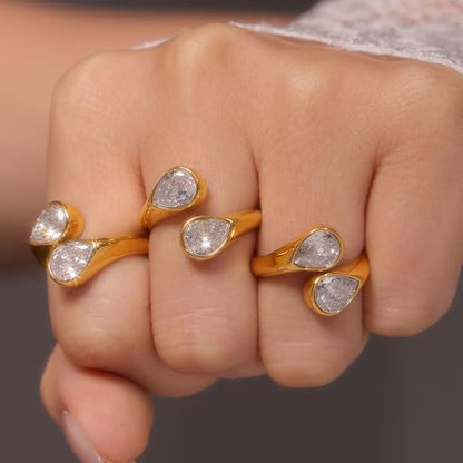 Kokoma Cubic Zirconia Waterdrop Wrap Finger Band for Women Double Crystal Teardrop Shape Adjustable Stacking Ring Open Statement Promsie Rings