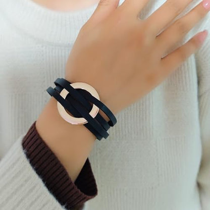 ZMANYIJEW Leather Wrap Bracelets for Women,Boho Cuff Bracelets Multi-Layer Crystal Beads Cuff Bracelet Multilayered Leopard Leather Braided Bangle Wrist Cuff Bangles - style: O-black