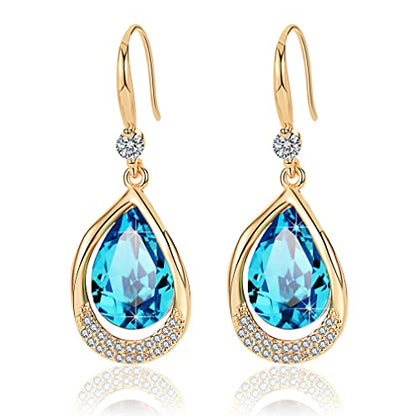 Austrian Crystal Halo Teardrop Hollow Drop Dangle Earrings for Women 14K Rose Gold Plated Hypoallergenic Jewelry Gifts - color: Bermuda Blue