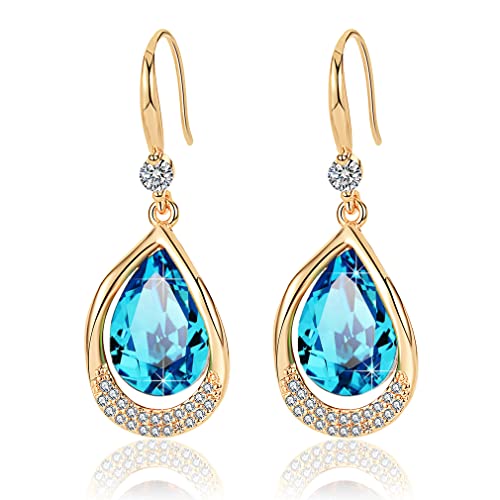 Austrian Crystal Halo Teardrop Hollow Drop Dangle Earrings for Women 14K Rose Gold Plated Hypoallergenic Jewelry Gifts - color: Bermuda Blue