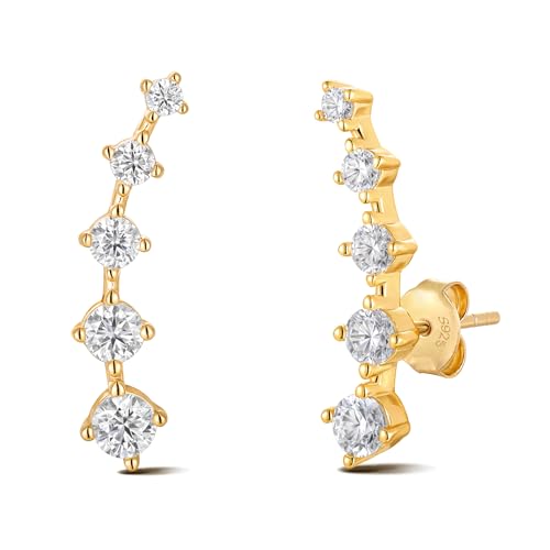 Moissanite 20mm Butterlfy/Flower/Leaf/Bezel Crawler Stud Earrings for Women, 925 Sterling Silver with Gold Plated, Hypoallergenic Cartilage Earrings, Valentines Birthday Anniversary Wedding Gift - color: Round - Yellow Gold