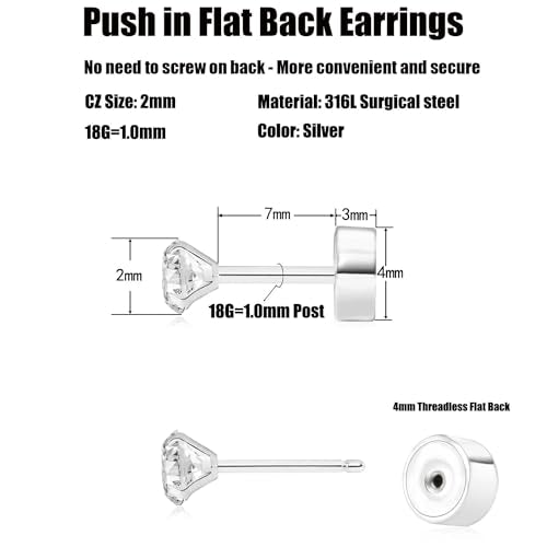 Threadless Flat Back Earrings, Hypoallergenic 14K Real Gold Plated CZ Stud Earrings | Cartilage Earring | Tragus Helix Piercing Jewelry | Push in Flatback Earrings for Women Men - color: Silver, size: 2 Millimeters