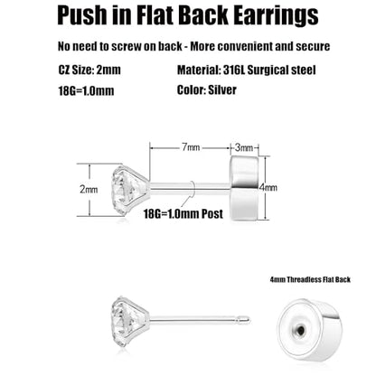 Threadless Flat Back Earrings, Hypoallergenic 14K Real Gold Plated CZ Stud Earrings | Cartilage Earring | Tragus Helix Piercing Jewelry | Push in Flatback Earrings for Women Men - color: Silver, size: 2 Millimeters