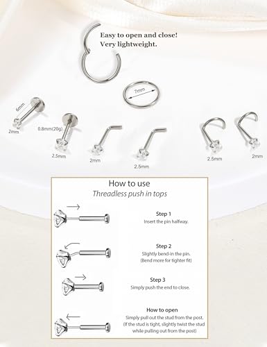 8PCS Titanium Nose Rings Stud, Gold Nose Ring for Women Men Hypoallergenic Nostril Hoops L Shape Nose Studs Corkscrew CZ Nose Piercing Jewelry Silver 18G & 20G Nose Ring Studs 2/2.5/3mm - style: Silver-8pcs nose stud