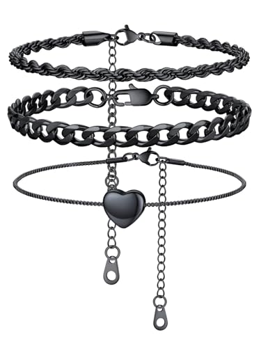 U7 2Pcs/3Pcs Ankle Bracelets for Women, Stainless Steel Cuban Link/Figaro/Rope/Heart Chain Anklets Sets,Waterproof Layered Anklets Adjustable 8.5"-10.5" - color: 04. 3Pcs Style B-Black