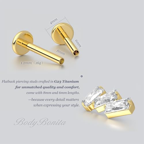 G23 Titanium 16G Tragus Conch Piercing Jewelry Flat Back Stud Earrings | Hypoallergenic CZ Nose Dangle Helix Medusa Lip Labret Body Piercing Jewelry, 14K Gold Plated, Silver, 6 and 8 mm Post Length - color: Trinity Sparkle-14K Gold