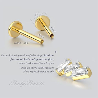 G23 Titanium 16G Tragus Conch Piercing Jewelry Flat Back Stud Earrings | Hypoallergenic CZ Nose Dangle Helix Medusa Lip Labret Body Piercing Jewelry, 14K Gold Plated, Silver, 6 and 8 mm Post Length - color: Trinity Sparkle-14K Gold