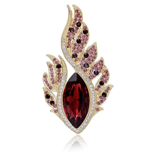 Rhinestone Feather Brooches for Women Men,Vintage Animal Peacock Pin Gold/Silver/Blue/ Crystal Diamond Lapel Pins Fashion Enamel Feather Leaf Brooch Elegant Dress Coat Pin Decor Wedding Christmas Birthday Jewelry - color: Red