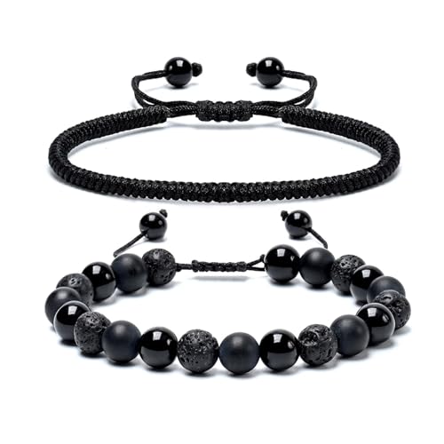 SAMXY Triple Protection Bracelet, 8mm Healing Crystal Bead Bracelet, 3pcs Blue Red Tiger's Eye Obsidian Hematite Bracelet Women Men - color: 2pcs-obsidian